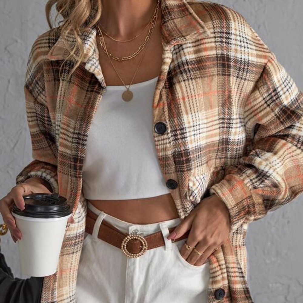 Tan Brown Plaid Oversized Button up Jacket Shacket - Picture 1 of 4